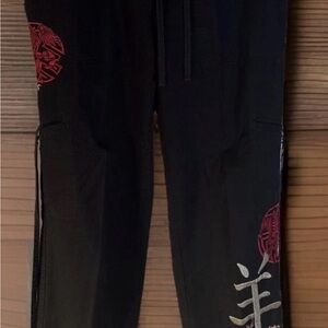 Johnny Was Silk Embroidered Red Dragon Black Cargo Pants Size S W 34” Inseam 28”